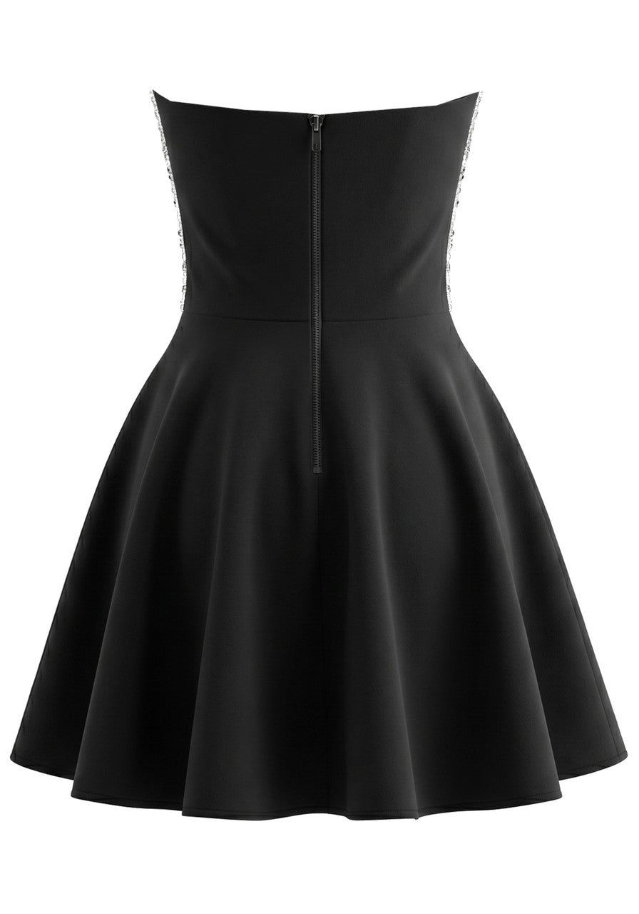 Strapless Crystal Embellished A Line Dress Black