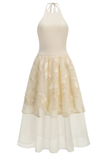 Halter Floral Ruffle Midi Dress Ivory