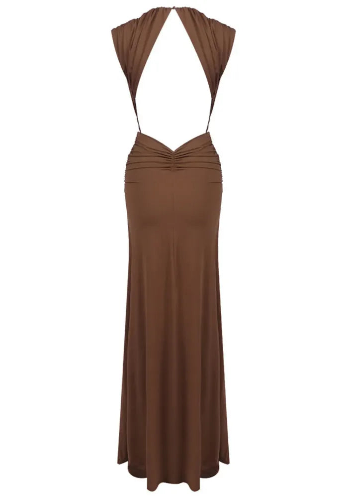 Backless Draped Maxi Dress Brown