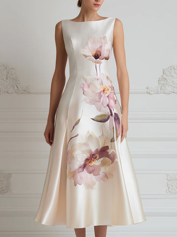 Floral Print Sleeveless Boat Neck A-Line Midi Dress