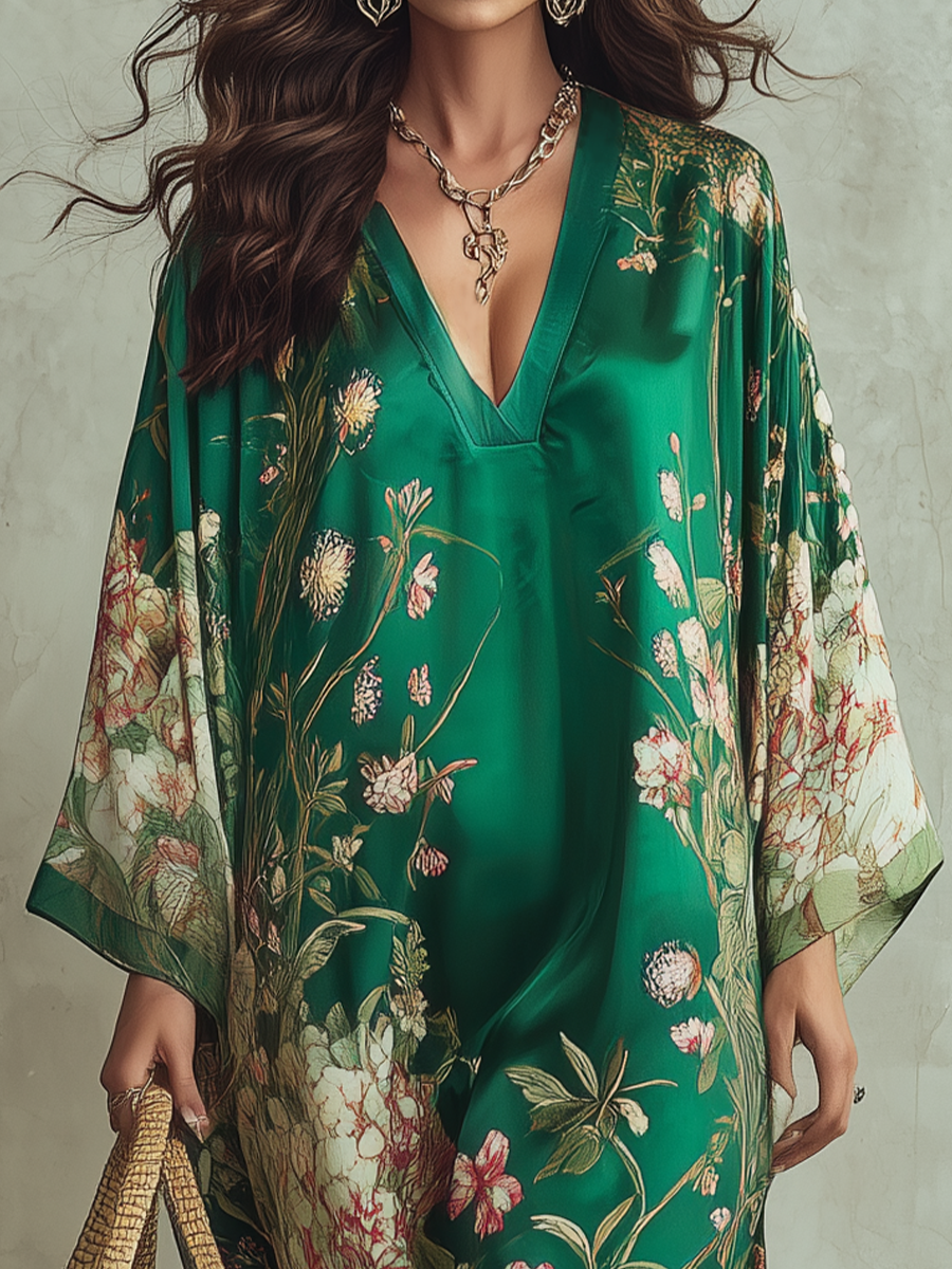 Luxurious Floral-Print  Kaftan Maxi Dress