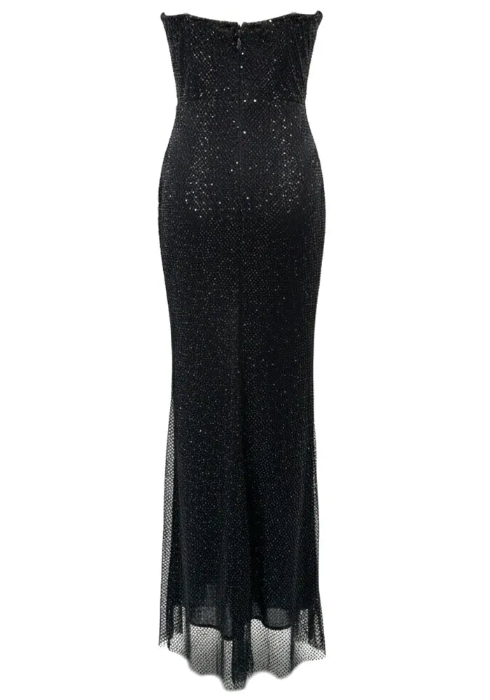 Strapless Crystal Bustier Sparkly Maxi Dress Black