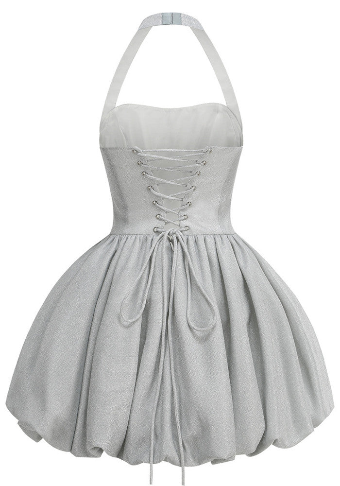 Halter Sparkly Bubble Corset Dress Silver