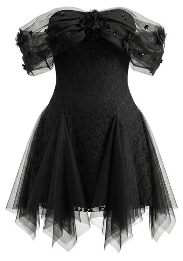 Floral Mesh Bardot Lace Dress Black