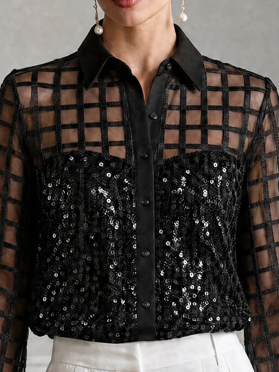 Grid Mesh Patchwork Sequin Long Sleeve Shirt