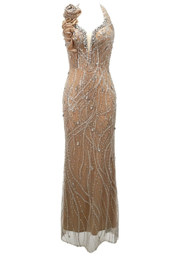 Halter Floral Crystal Sequin Maxi Dress Nude