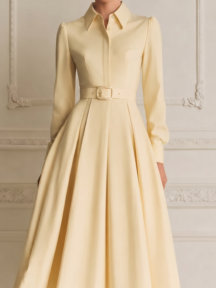 Pale Yellow Pointed Collar Long Sleeve Crystal Belted Pleated A-Line Shirt Midi Dress