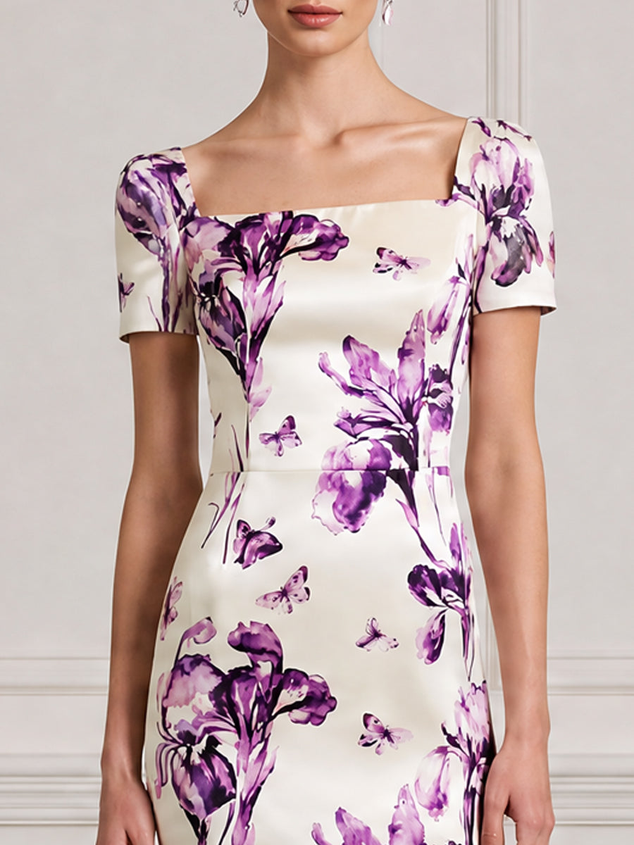 Ivory Purple Floral Print Square-Neck Bodycon Midi Dress