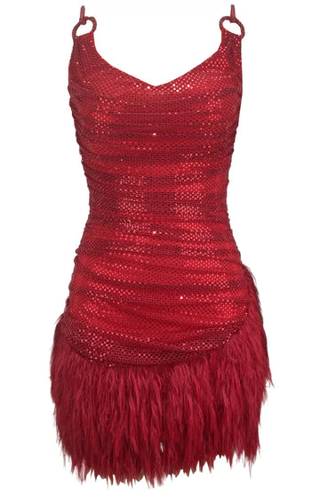 Draped Sparkly Feather Dress Red