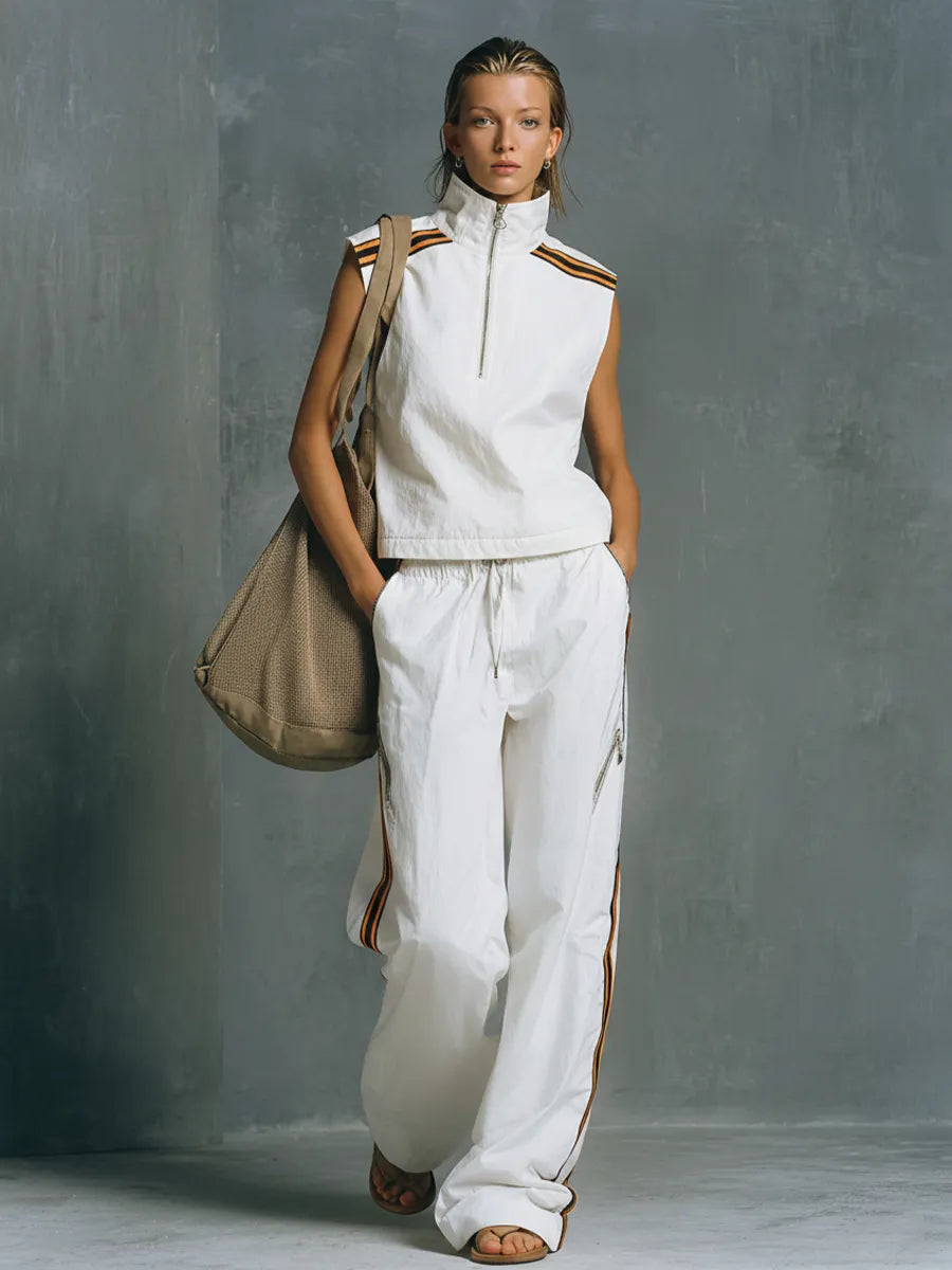 Women's Sporty White Cotton-Blend Half-Zip Sleeveless Top And Wide-Leg Pants Set With Contrasting Webbing Design MDZ2468D1GMJ