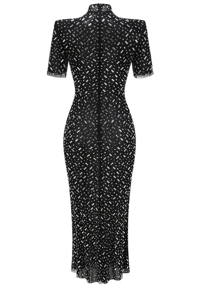 Short Sleeve Crystal Mesh Maxi Dress Black