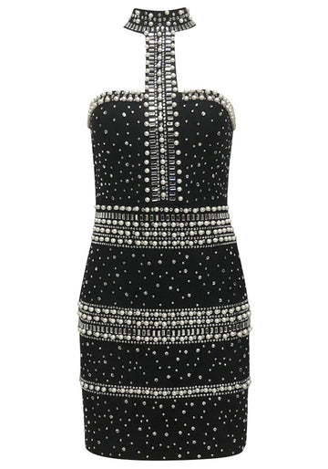 Halter Pearl Crystal Dress Black