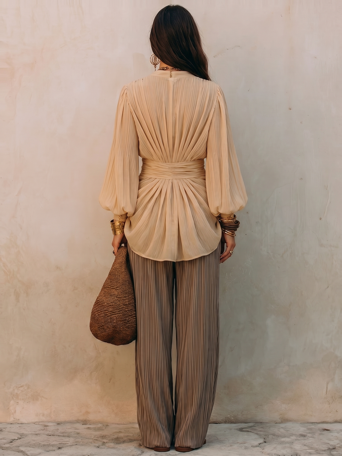 Beige V-neck knotted Top And Brown Pleated Wide-leg Pants Two-piece Set