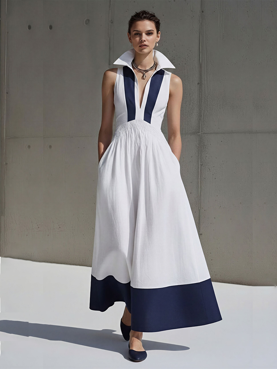 Women's White & Navy Linen-Blend Midi Dress With Collared Neck & Smocked Waist, Timeless Nautical-Chic Style Dress MDZ2071D1LYL