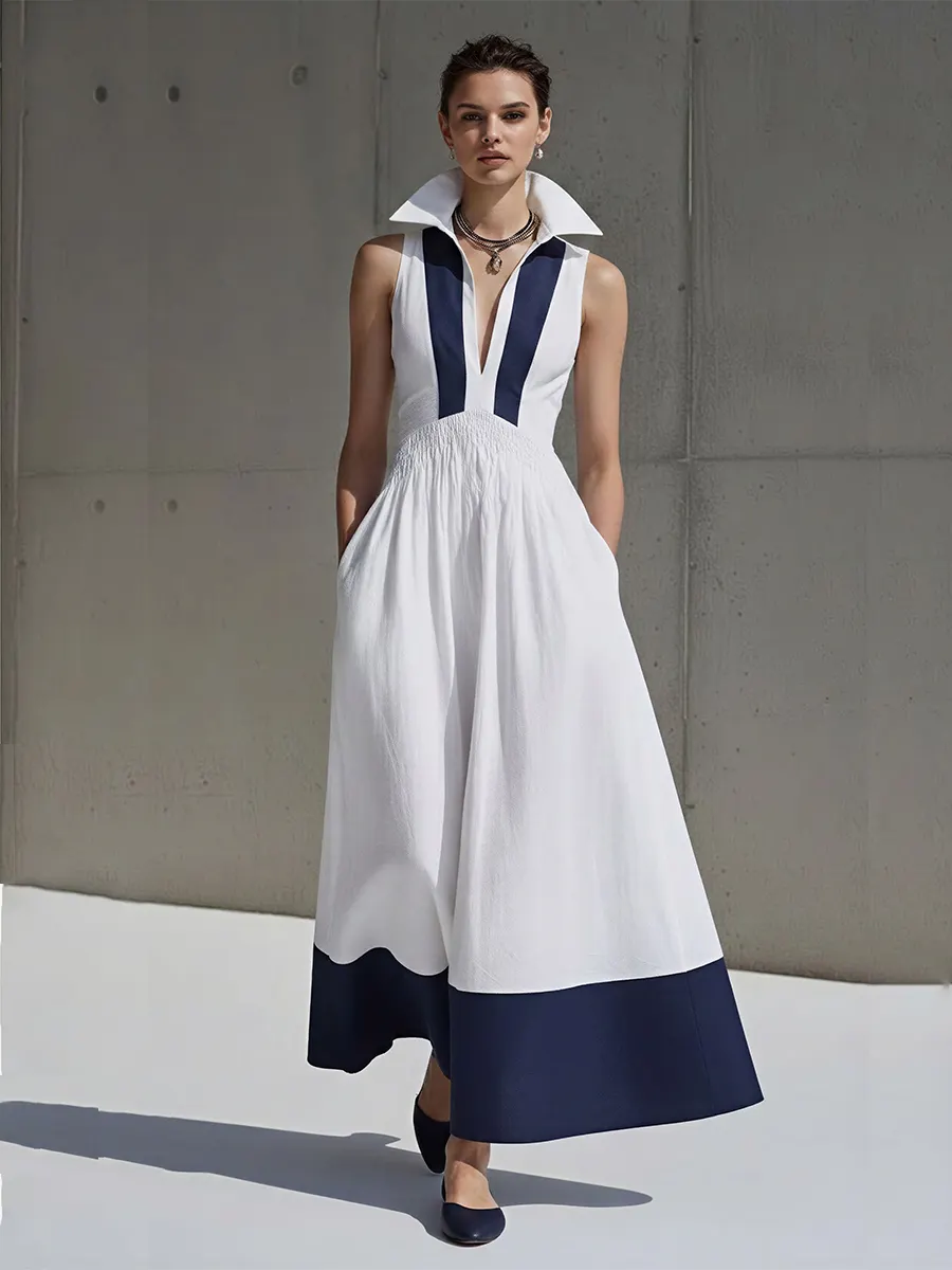 Women's White & Navy Linen-Blend Midi Dress With Collared Neck & Smocked Waist, Timeless Nautical-Chic Style Dress MDZ2071D1LYL