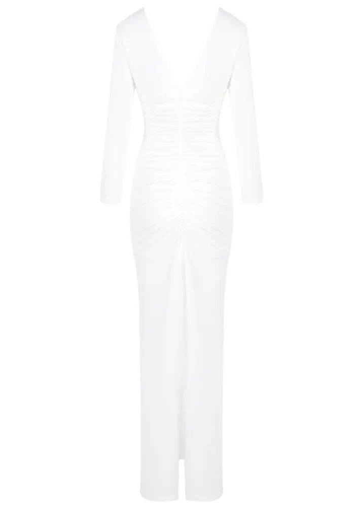 Long Sleeve Floral Ruched Maxi Dress White