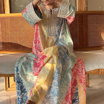 Women's Middle Eastern Contrasting Floral Art Print Jalabiyas Dress