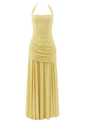 Halter Draped Detail Corset A Line Maxi Dress Yellow