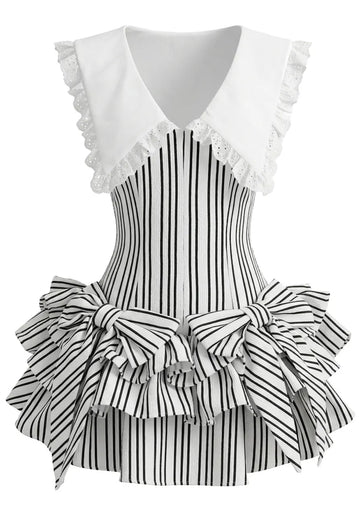 Bow Detail Striped Ruffle Dress Black White