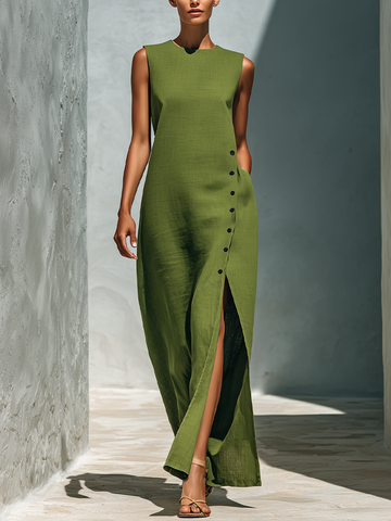 Women’s Olive Green Linen-Blend Sleeveless Round Neck Side Button Slit Maxi Dress With Pockets MDZ2188D7T