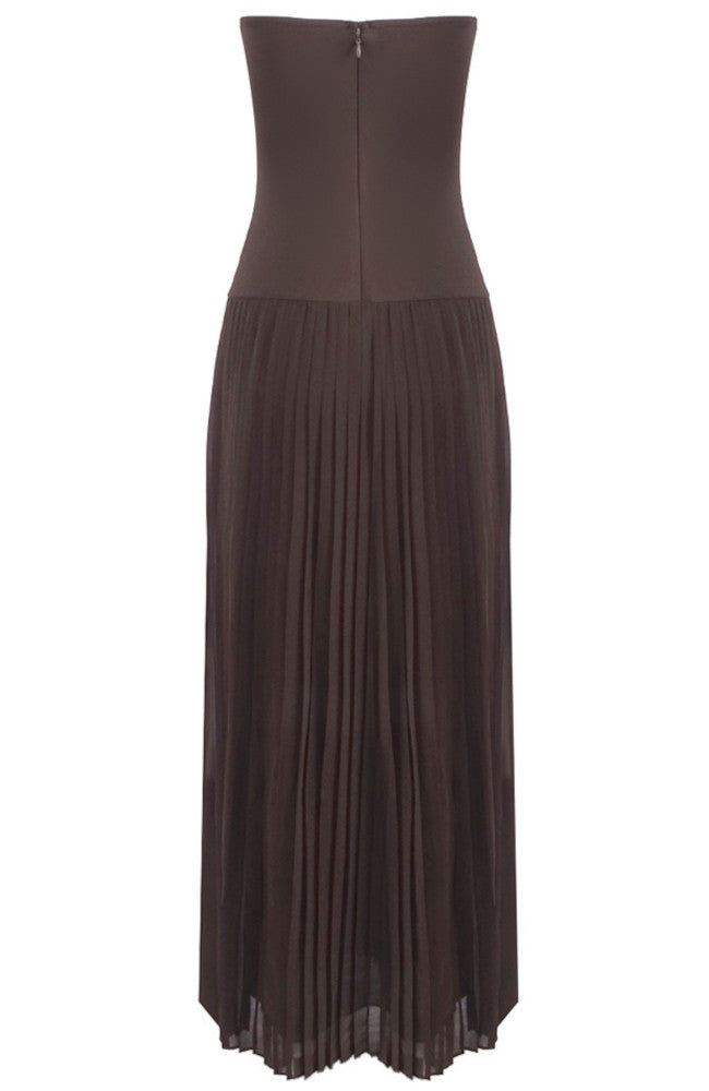 Strapless Pleated A Line Maxi Dress Brown