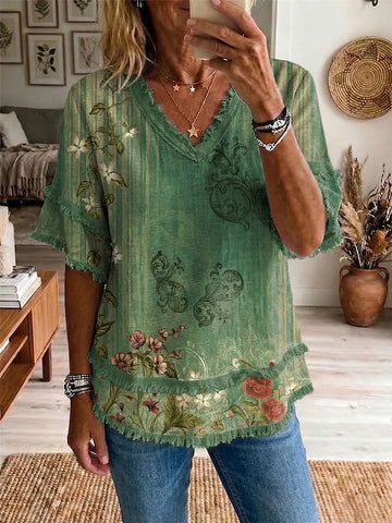 Ethnicity Vintage Bohemia Flowers Texture Women's Art Casual Patchwork V Collar Shirt