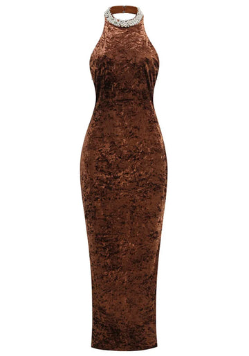 Halter Pearl Embellished Maxi Velvet Dress Brown