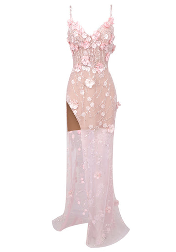 Floral Crystal Corset Maxi Dress Pink