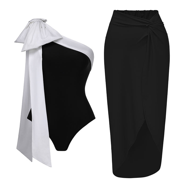 One Shoulder Bow Tie Color Block One Piece Swimsuit and Skirt Flaxmaker