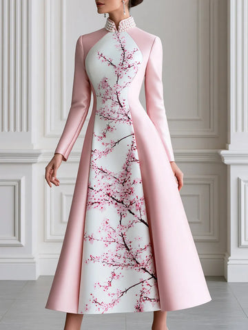 Pink Satin Plum Blossom Print Panel Stand Collar Maxi Dress