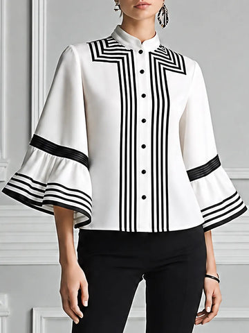 White Preppy Contrast Stripe Bell Sleeve Blouse