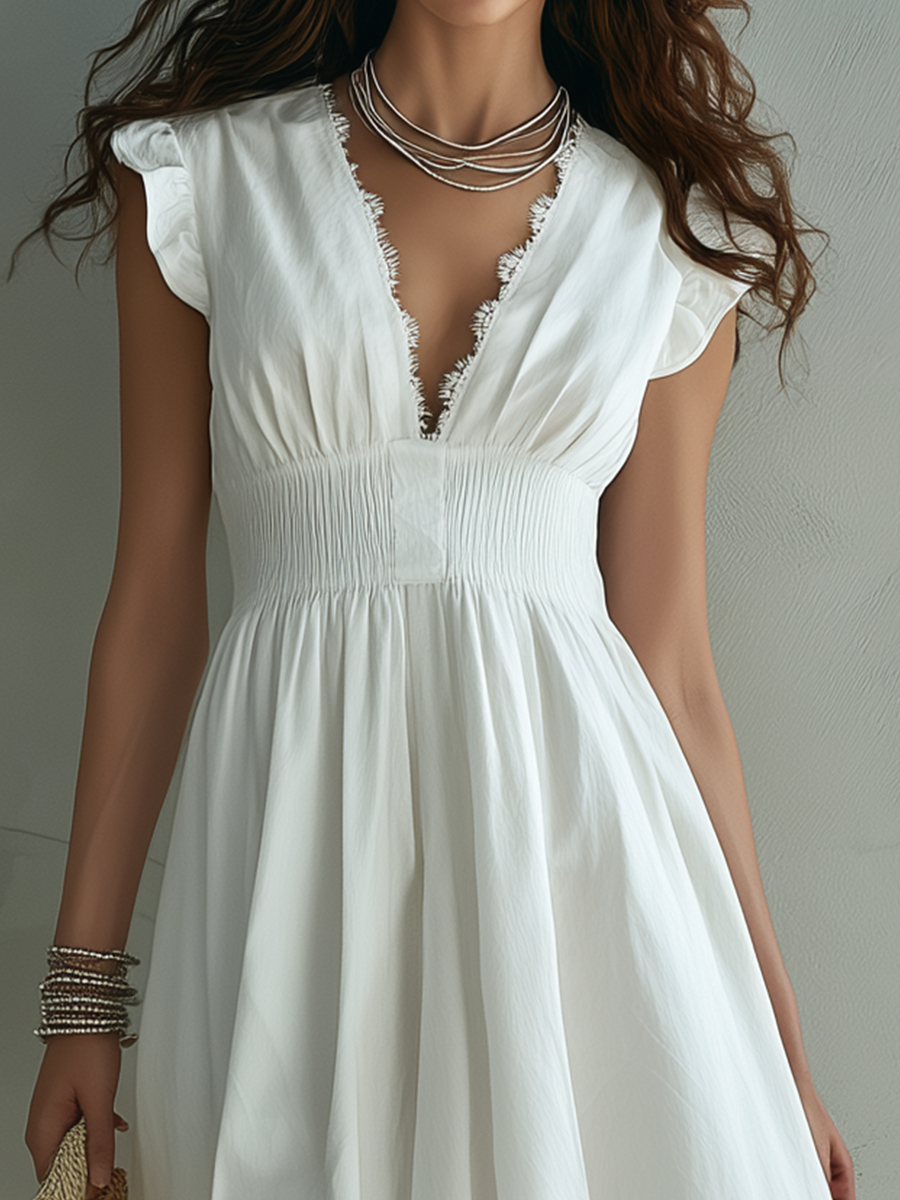 Delicate Lace-Trim V-Neck Smocked Midi Dress