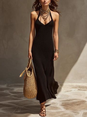 Black Halter Neck Knit Fishtail Dress