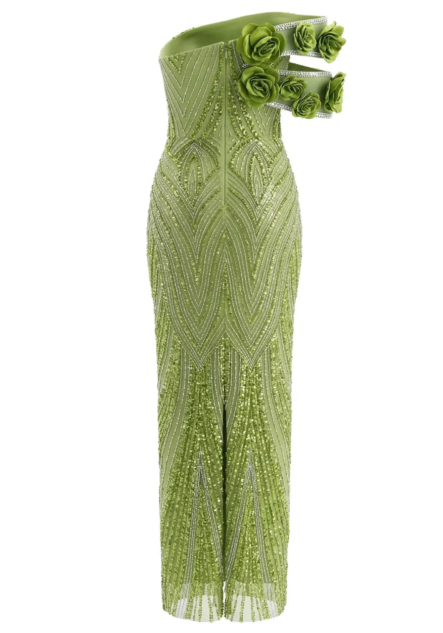 Floral Bardot Sequin Maxi Dress Green