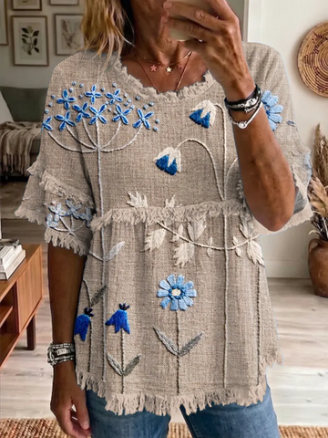 Ethnicity Bohemia Flowers Women's Art Casual Round Neck Linen T-shirt