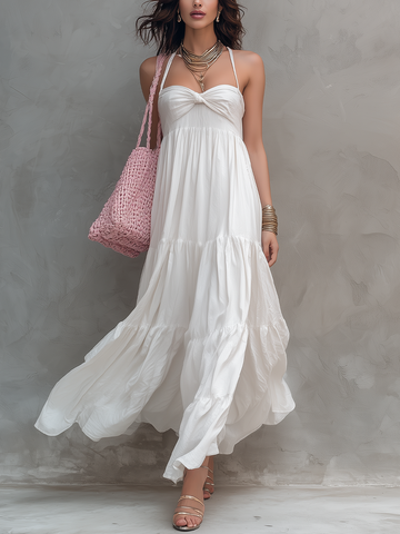 Flowy Twist-Front Halter Tiered Maxi Dress