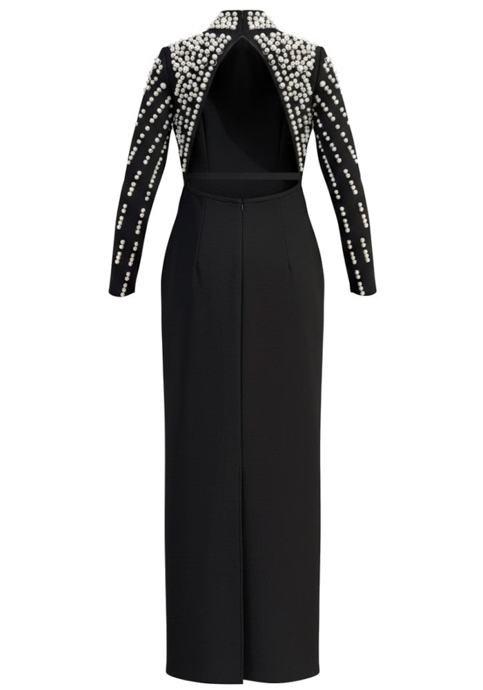 Long Sleeve Pearl Backless Maxi Dress Black