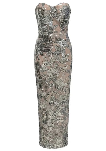 Strapless Sequin Floral Maxi Dress Silver