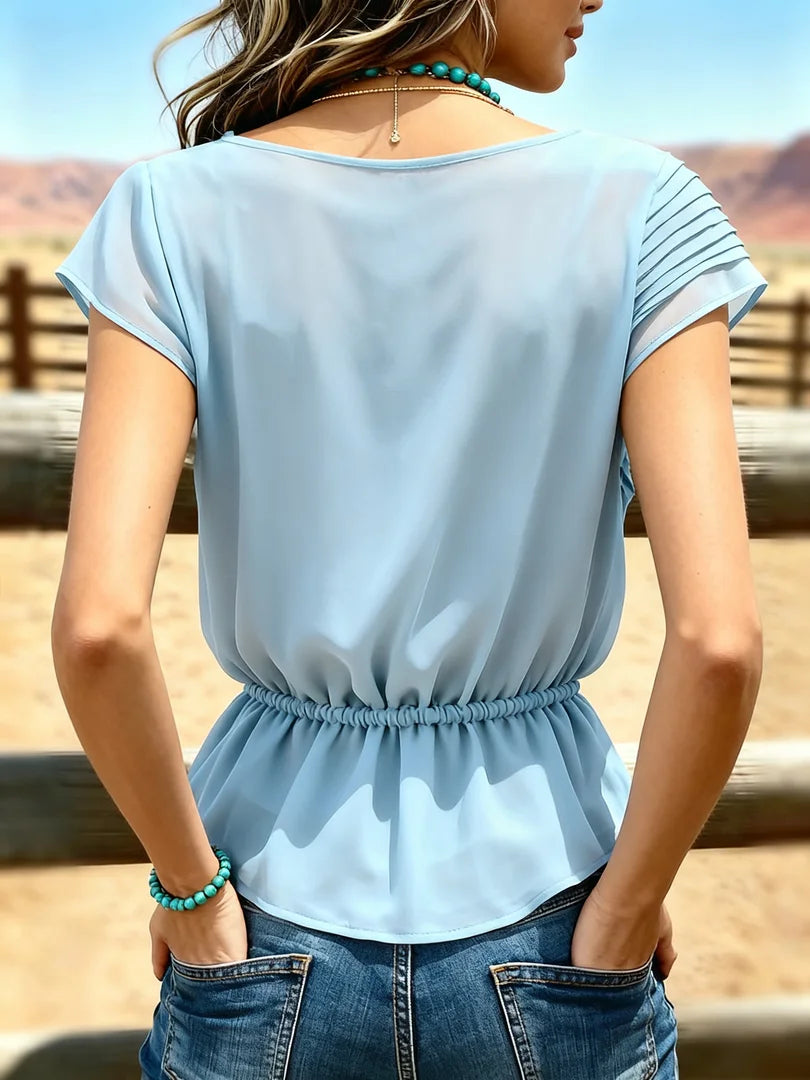 Women's Vintage V-neck Pleated Waist Patchwork Chiffon Casual Shirt