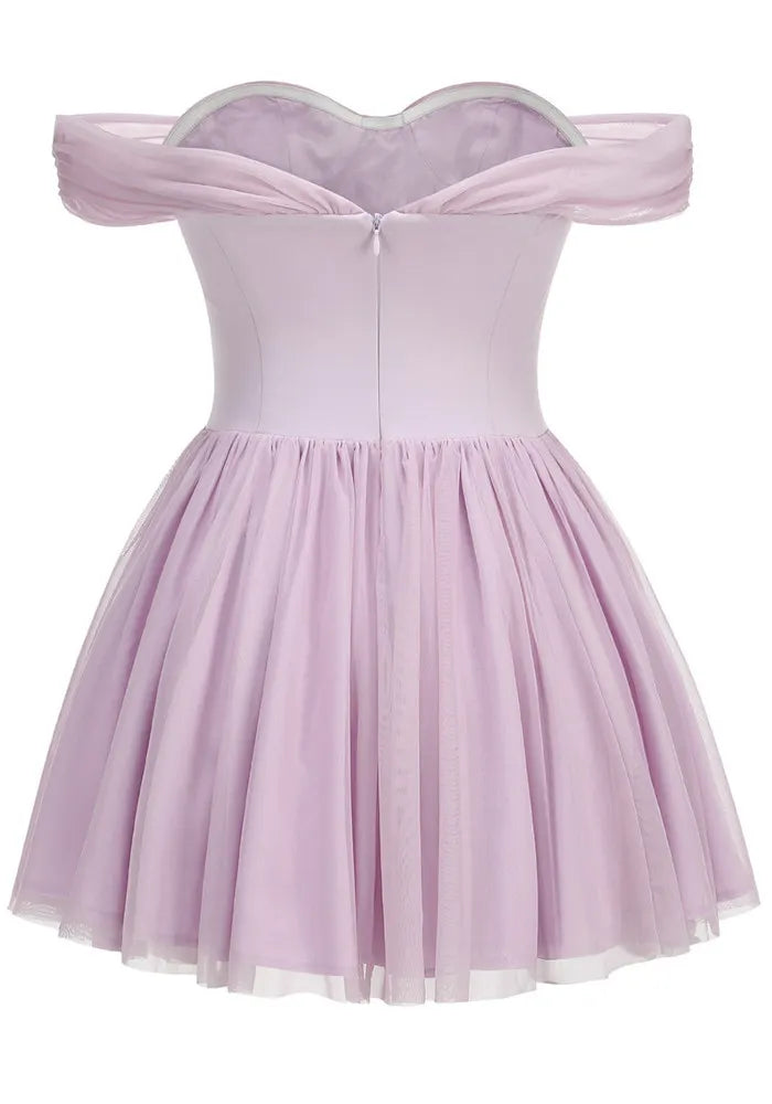 Draped Bardot Bow A Line Dress Lavender