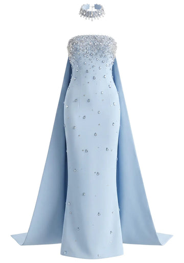 Strapless Crystal Cape Maxi Dress Blue