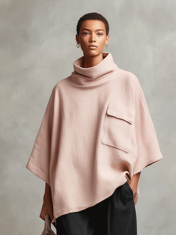 Women's Dusty Pink Woven Poncho Top with Cowl Neck & Patch Pocket, Modern Effortless-Chic Pullover MDA2221I1I