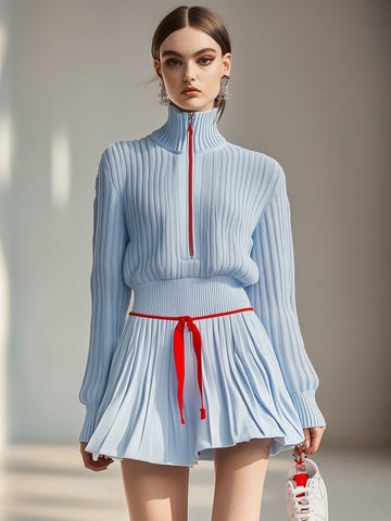 [24-hour shipping out]Casual Fashion Stand Collar Zipper Knitted Sweater Culotte Sports Set