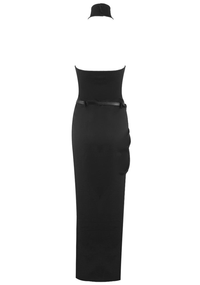 Halter Belt Draped Maxi Dress Black