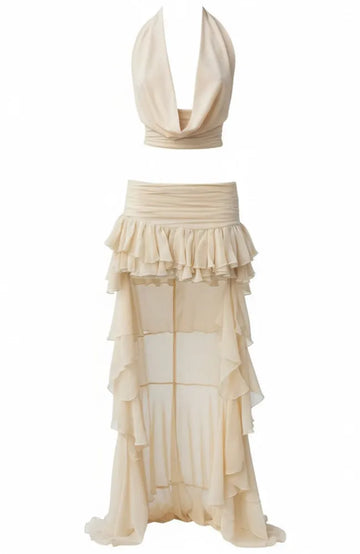 Halter Draped Ruffle Two Piece Maxi Dress Ivory