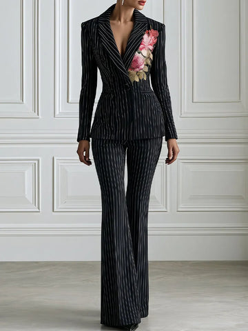 Floral Print Pinstripe Blazer And Flared Trouser Suit