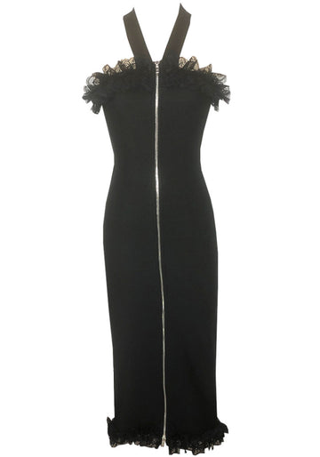 Halter Mesh Ruffle Midi Dress Black