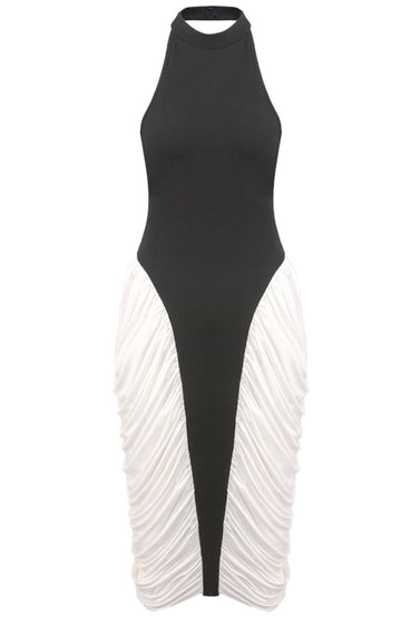 Halter Draped Midi Dress Black White