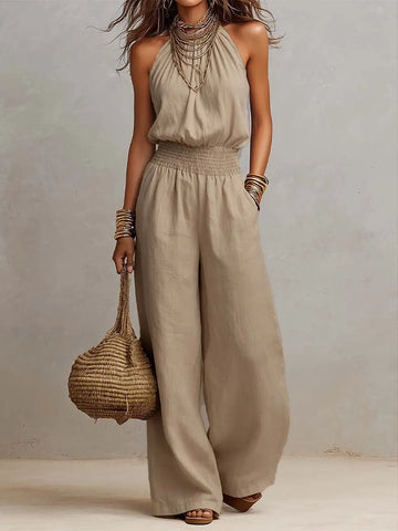 Tan Cotton Linen Halter Neck Smocked Waist Wide Leg Jumpsuit
