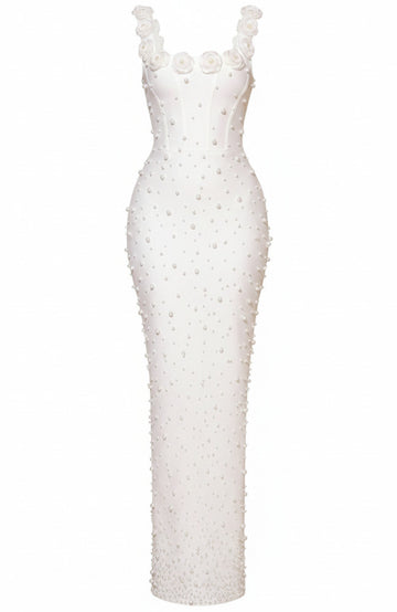 Floral Detail Pearl Maxi Dress White